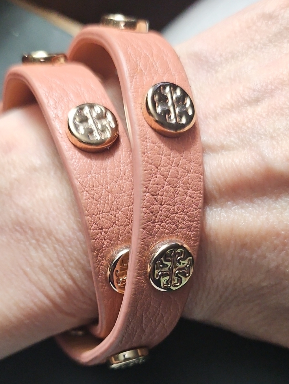 Tory Burch Rose Pink Leather Double Wrap Bracelet with Gold Logo Studs
